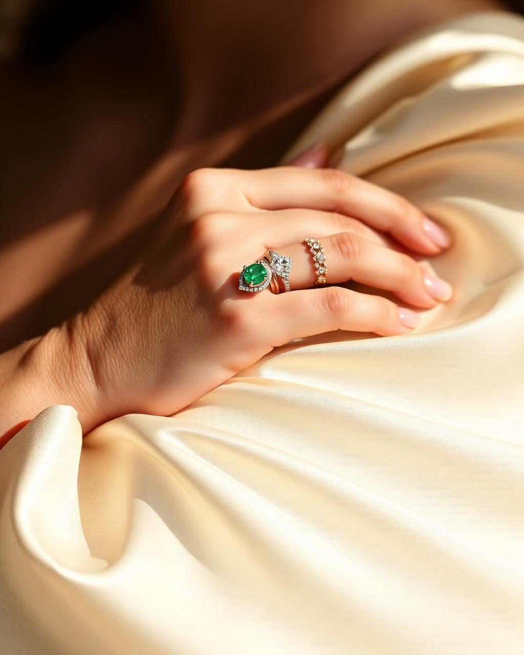 Stacked rings on silk